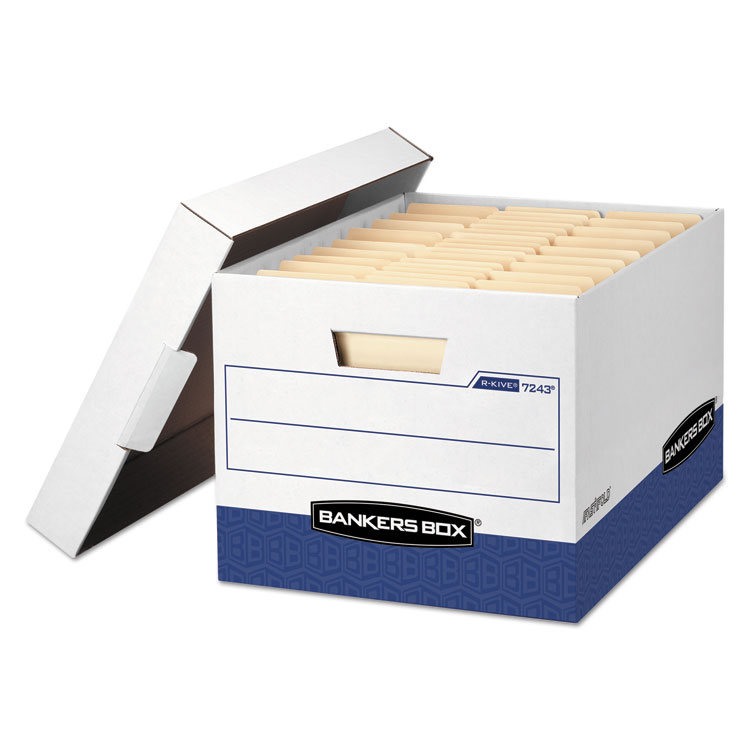 Bankers Box R-KIVE Heavy-Duty Storage Boxes, Letter/Legal Files, 12.75" x 16.5" x 10.38", White/Blue, 12/Carton (FEL07243)
