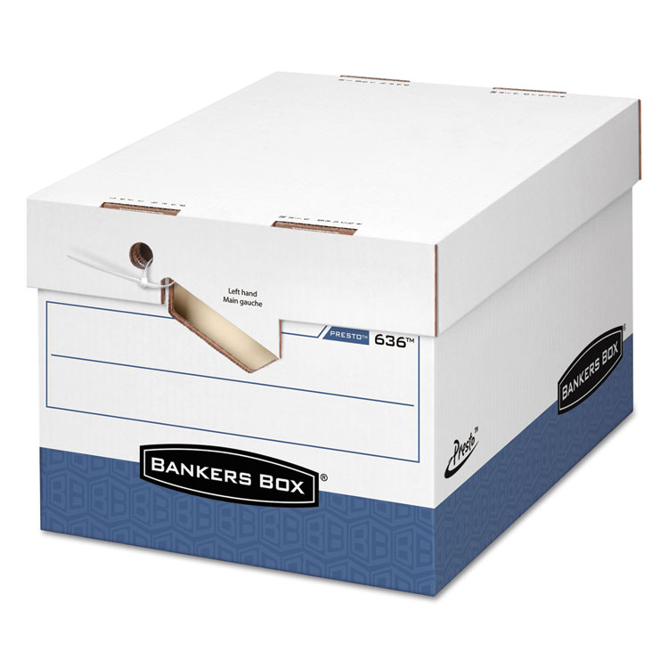 Bankers Box PRESTO Ergonomic Design Storage Boxes, Letter/Legal Files, 12.88" x 16.5" x 10.38", White/Blue, 12/Carton (FEL0063601)