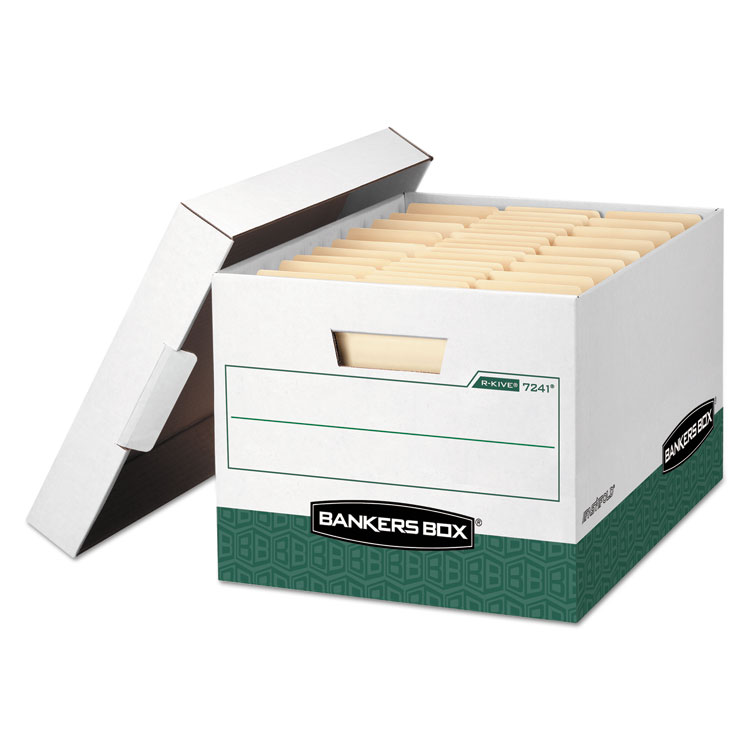 Bankers Box R-KIVE Heavy-Duty Storage Boxes, Letter/Legal Files, 12.75" x 16.5" x 10.38", White/Green, 12/Carton (FEL07241)