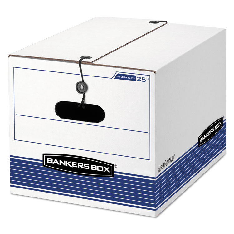 Bankers Box STOR/FILE Medium-Duty Strength Storage Boxes, Letter/Legal Files, 12.25" x 16" x 11", White/Blue, 4/Carton (FEL0002501)