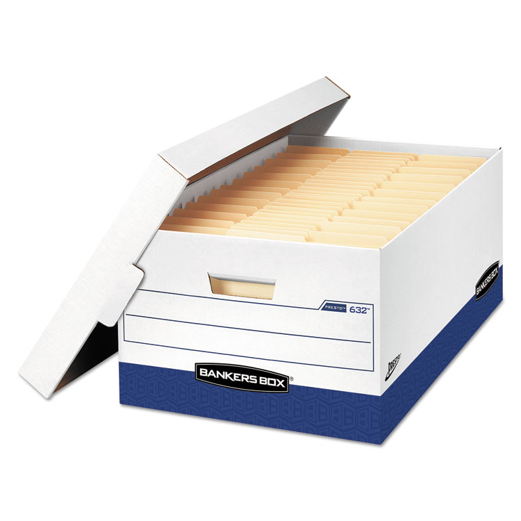 Bankers Box PRESTO Heavy-Duty Storage Boxes, Legal Files, 16" x 10.38", White/Blue, 12/Carton (FEL0063201)