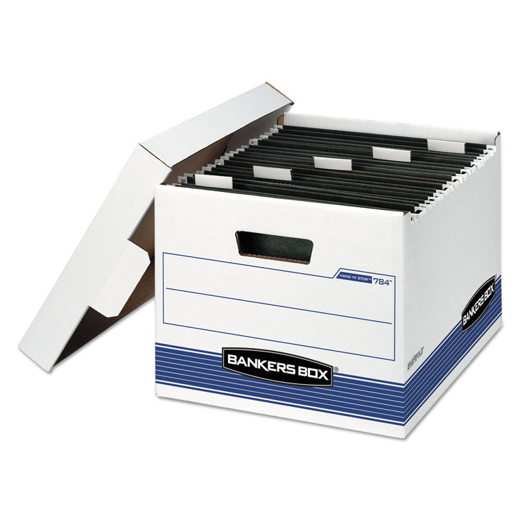 Bankers Box HANG'N'STOR Medium-Duty Storage Boxes, Letter Files, 12.63" x 15.63" x 10", White/Blue, 4/Carton (FEL00784)