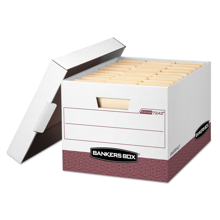 Bankers Box R-KIVE Heavy-Duty Storage Boxes, Letter/Legal Files, 12.75" x 16.5" x 10.38", White/Red, 12/Carton (FEL07242)