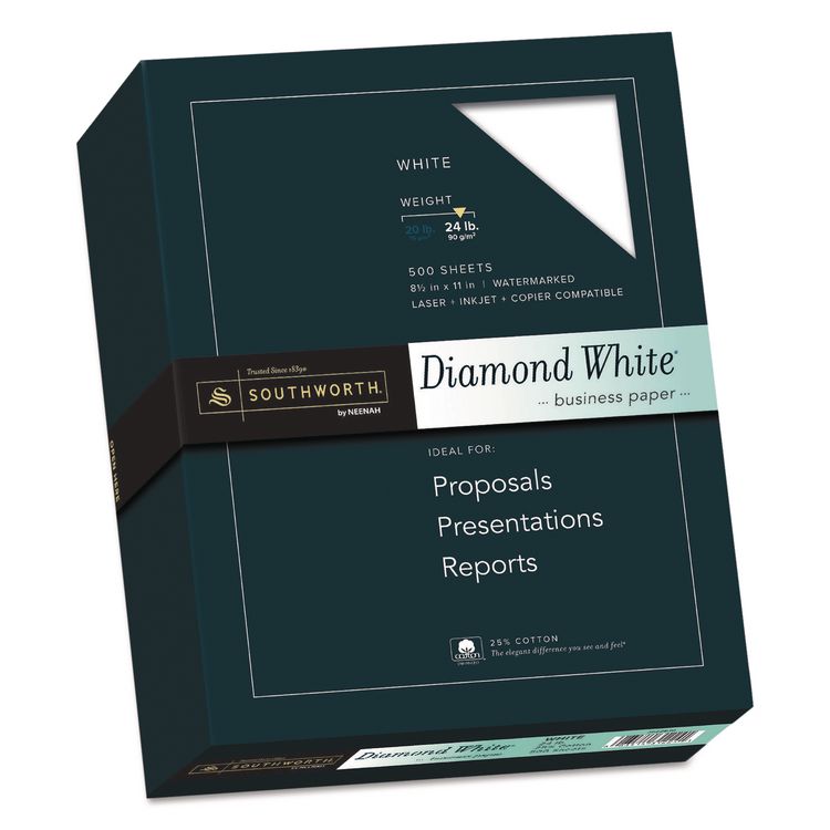 Southworth 25% Cotton Diamond White Business Paper, 95 Bright, 24 lb Bond Weight, 8.5 x 11, 500/Ream (SOU3122410)