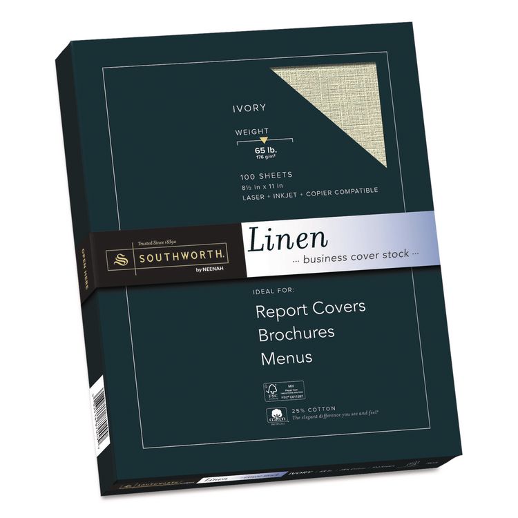 Southworth 25% Cotton Linen Cover Stock, 65 lb Cover Weight, 8.5 x 11, 100/Pack (SOUZ560CK)