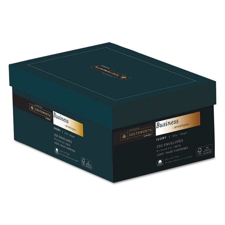 Southworth 25% Cotton #10 Business Envelope, Commercial Flap, Gummed Closure, 4.13 x 9.5, Ivory, 250/Box (SOUJ404I10)