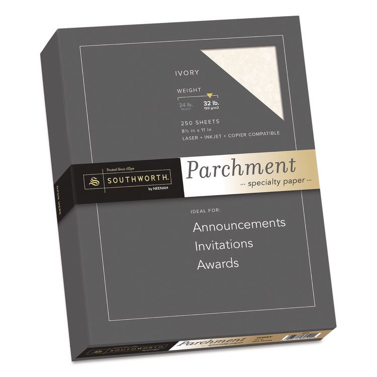 Southworth Parchment Specialty Paper, 32 lb Bond Weight, 8.5 x 11, Ivory, 250/Pack (SOUJ988C)