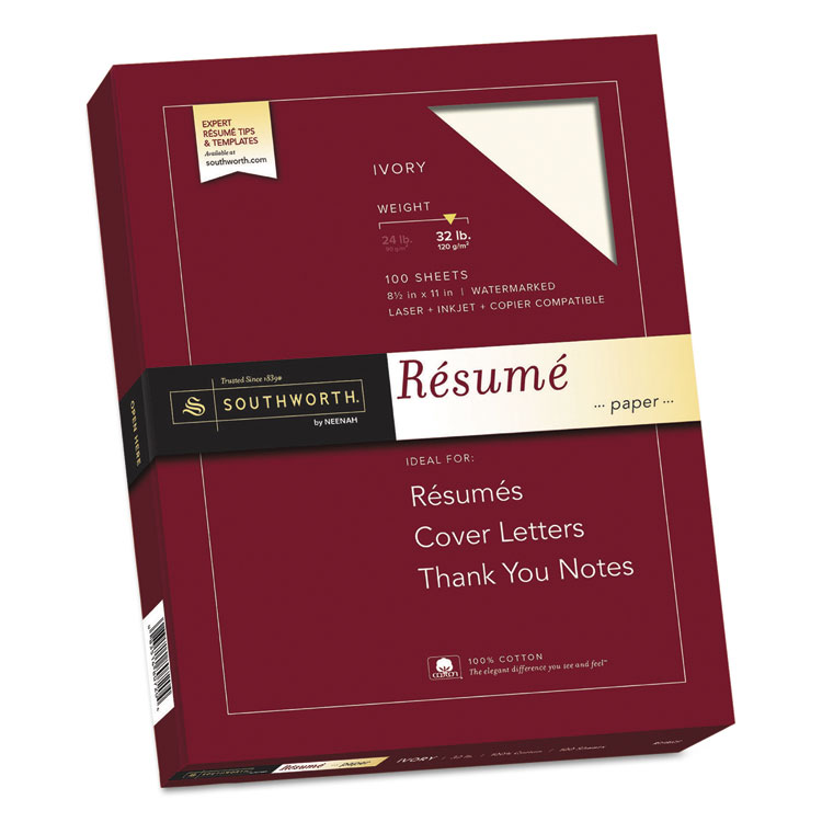 Southworth 100% Cotton Resume Paper, 32 lb Bond Weight, 8.5 x 11, Ivory, 100/Pack (SOURD18ICF)