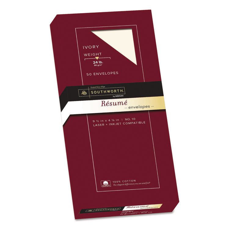 Southworth 100% Cotton Resume Envelope, #10, Commercial Flap, Gummed Closure, 4.13 x 9.5, Ivory, 50/Box (SOUR14I10L)