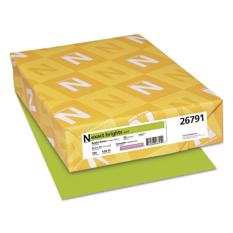 Neenah Paper Exact Brights Paper, 20 lb Bond Weight, 8.5 x 11, Bright Green, 500/Ream (WAU26791)