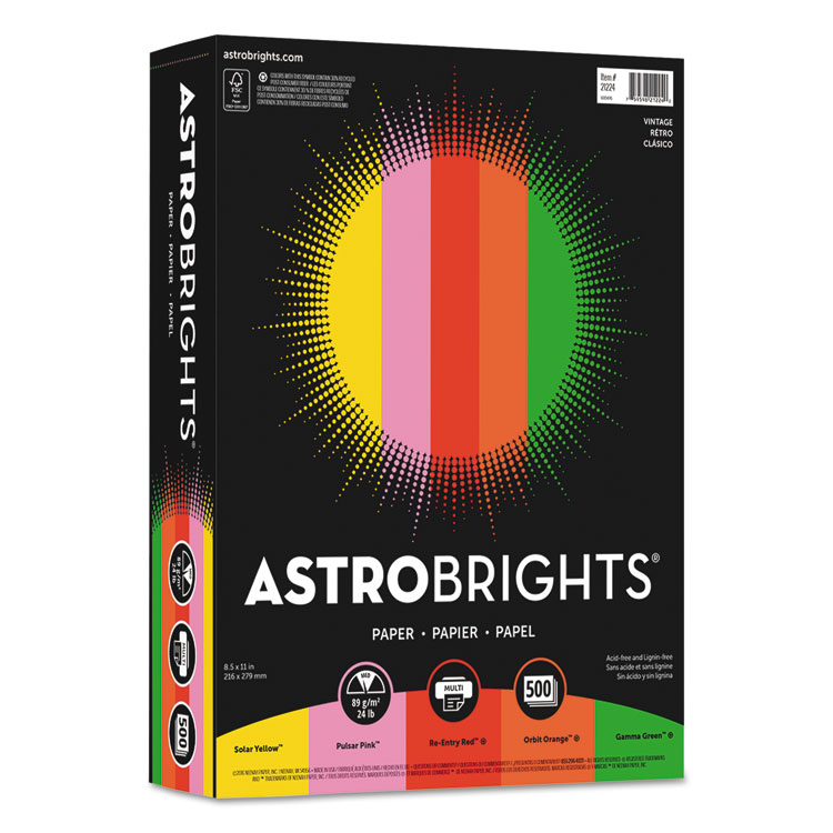 Astrobrights Color Paper -"Vintage" Assortment, 24 lb Bond Weight, 8.5 x 11, Assorted Vintage Colors, 500/Ream (WAU21224)