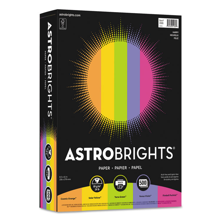 Astrobrights Color Paper - "Happy" Assortment, 24 lb Bond Weight, 8.5 x 11, Assorted Happy Colors, 500/Ream (WAU21289)