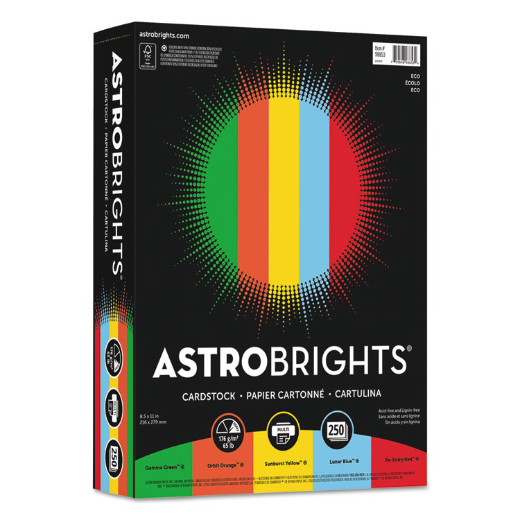 Astrobrights Color Cardstock -"Eco" Assortment, 65 lb Cover Weight, 8.5 x 11, Assorted, 250/Pack (WAU98853)