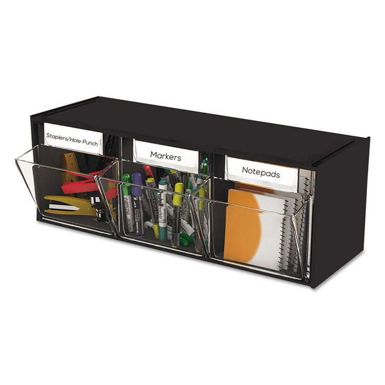 deflecto Tilt Bin Interlocking Multi-Bin Storage Organizer, 3 Sections, 23.63" x 7.75" x 9.5", Black/Clear (DEF20304OP)