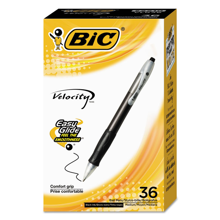 BIC Velocity Easy Glide Ballpoint Pen Value Pack, Retractable, Medium 1 mm, Black Ink, Black Barrel, 36/Pack (BICVLG361BK)