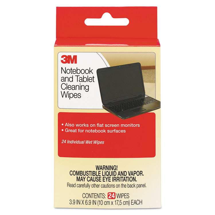 3M Notebook Screen Cleaning Wet Wipes, Cloth, 1-Ply, 7 x 4, Unscented, White, 24/Pack (MMMCL630)