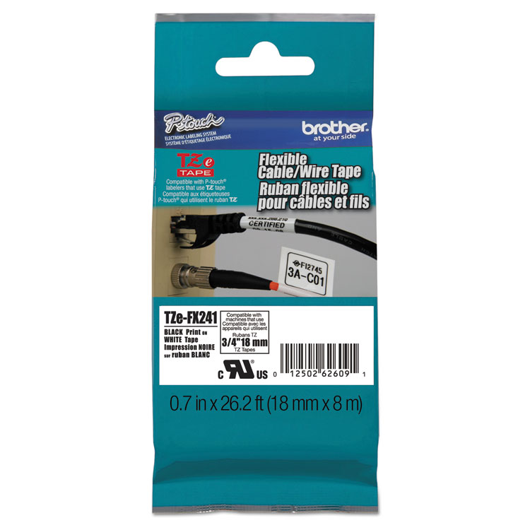 BROTHER INTL. CORP. TZe Flexible Tape Cartridge for P-Touch Labelers, 0.7" x 26.2 ft, Black on White (BRTTZEFX241)