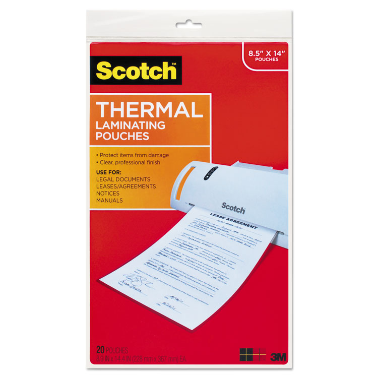 Scotch Laminating Pouches, 3 mil, 8.5" x 14", Gloss Clear, 20/Pack (MMMTP385520)