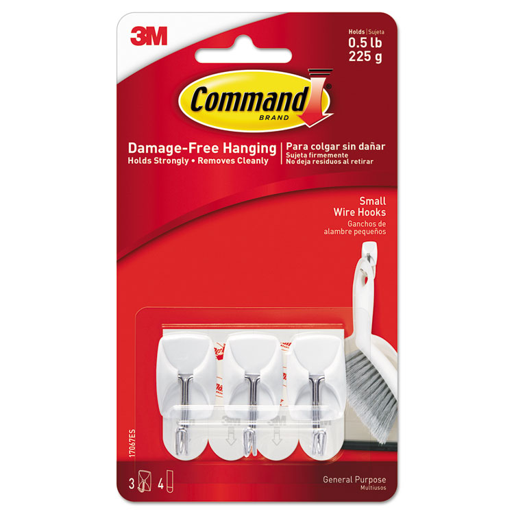 Command General Purpose Wire Hooks, Small, Metal, White, 0.5 lb Capacity, 3 Hooks and 4 Strips/Pack (MMM17067ES)