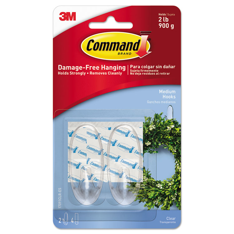 Command Clear Hooks and Strips, Medium, Plastic, 2 lb Capacity, 2 Hooks and 4 Strips/Pack (MMM17091CLRES)