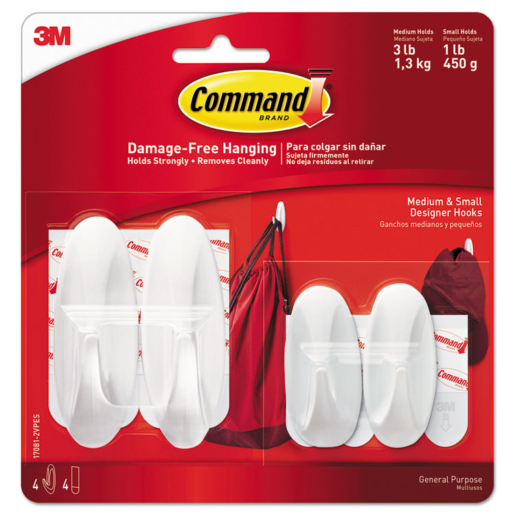 Command General Purpose Designer Hooks, Small/Medium, Plastic, White, 1lb and 3 lb Capacities, 4 Hooks and 4 Strips/Pack (MMM170812VPES)