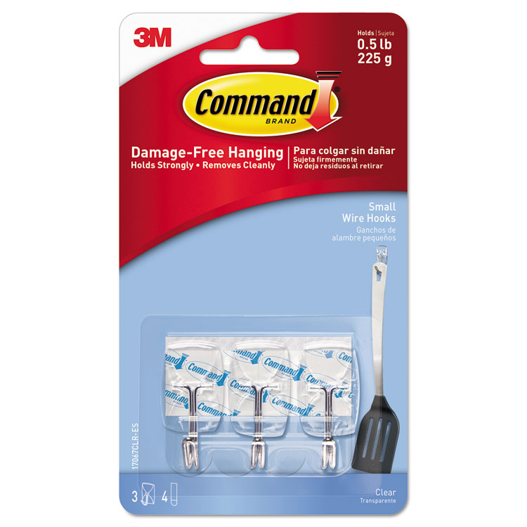 Command Clear Hooks and Strips, Small, Plastic/Metal, 0.5 lb Capacity, 3 Hooks and 4 Strips/Pack (MMM17067CLRES)