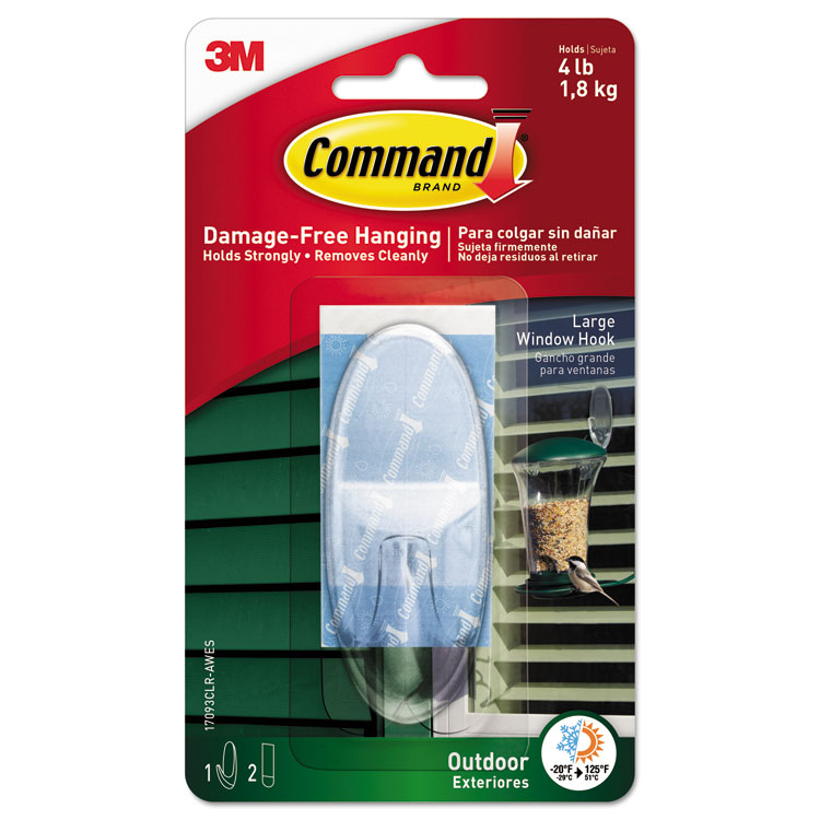 Command All Weather Hooks and Strips, Large, Plastic, Clear, 4 lb Capacity, 1 Hook and 2 Strips/Pack (MMM17093CLRAWES)