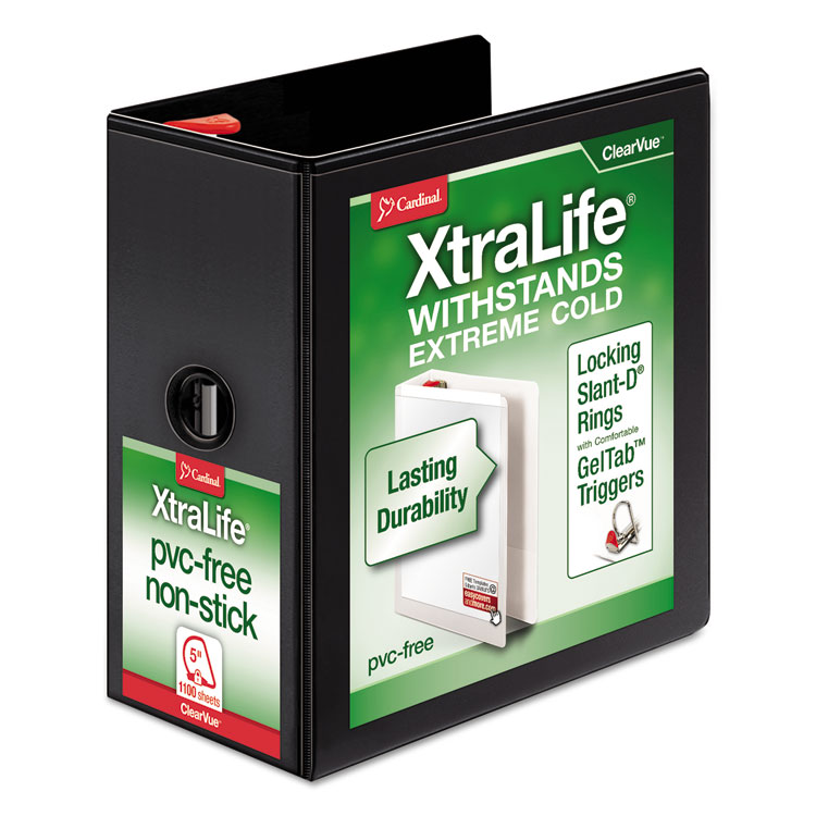 Cardinal XtraLife ClearVue Non-Stick Slant-D Ring Binder, 3 Rings, 5" Capacity, 11 x 8.5, Black (CRD26351)