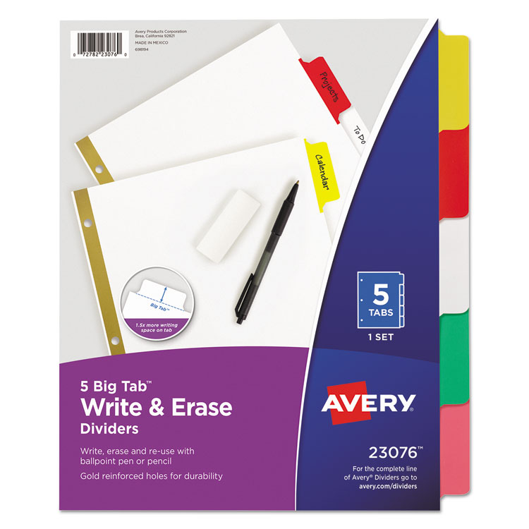 Avery Write and Erase Big Tab Paper Dividers, 5-Tab, 11 x 8.5, White, Assorted Tabs, 1 Set (AVE23076)