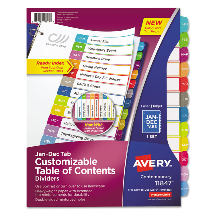 Avery Customizable TOC Ready Index Multicolor Tab Dividers, 12-Tab, Jan. to Dec., 11 x 8.5, White, Contemporary Color Tabs, 1 Set (AVE11847)
