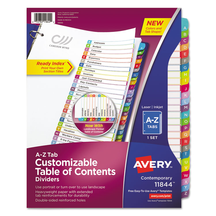 Avery Customizable TOC Ready Index Multicolor Tab Dividers, 26-Tab, A to Z, 11 x 8.5, White, Contemporary Color Tabs, 1 Set (AVE11844)
