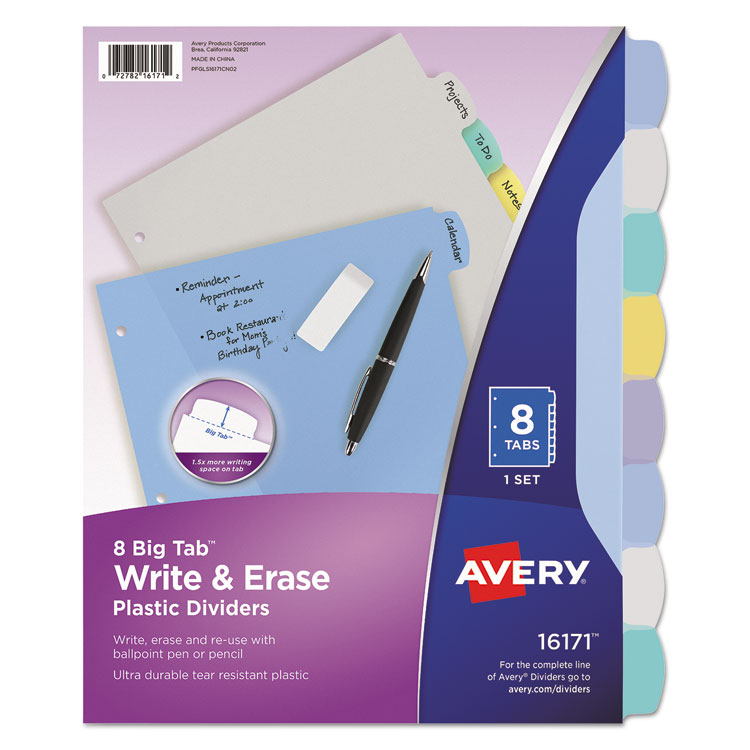 Avery Write and Erase Big Tab Durable Plastic Dividers, 3-Hole Punched, 8-Tab, 11 x 8.5, Assorted, 1 Set (AVE16171)