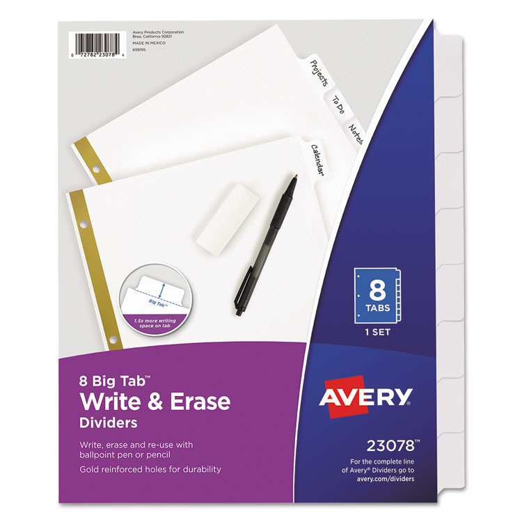 Avery Write and Erase Big Tab Paper Dividers, 8-Tab, 11 x 8.5, White, White Tabs, 1 Set (AVE23078)