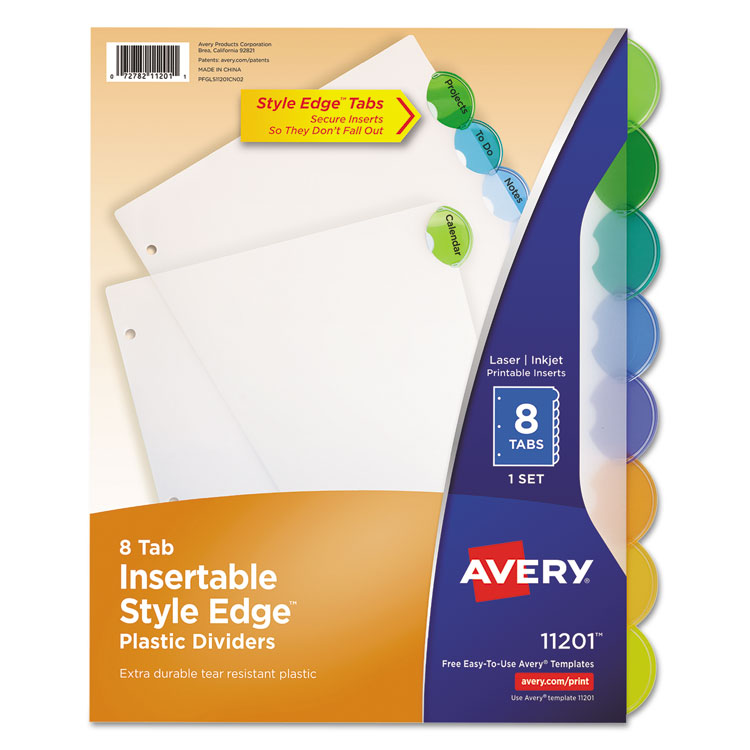 Avery Insertable Style Edge Tab Plastic Dividers, 8-Tab, 11 x 8.5, Translucent, 1 Set (AVE11201)
