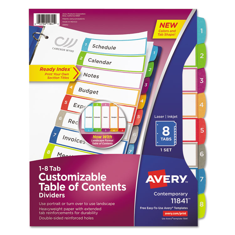 Avery Customizable TOC Ready Index Multicolor Tab Dividers, 8-Tab, 1 to 8, 11 x 8.5, White, Contemporary Color Tabs, 1 Set (AVE11841)