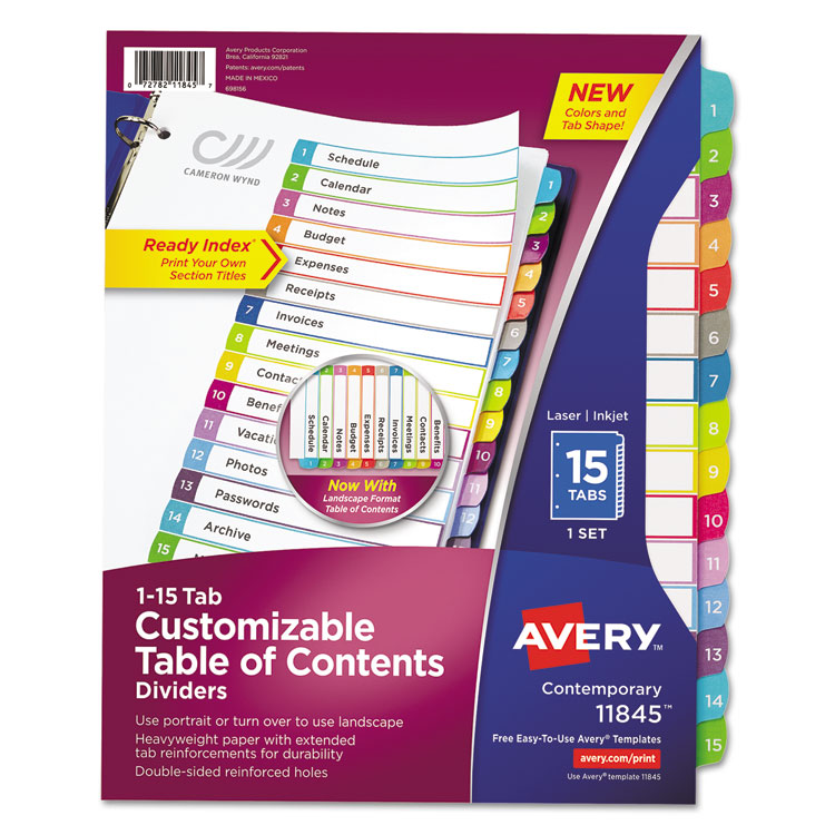 Avery Customizable TOC Ready Index Multicolor Tab Dividers, 15-Tab, 1 to 15, 11 x 8.5, White, Contemporary Color Tabs, 1 Set (AVE11845)