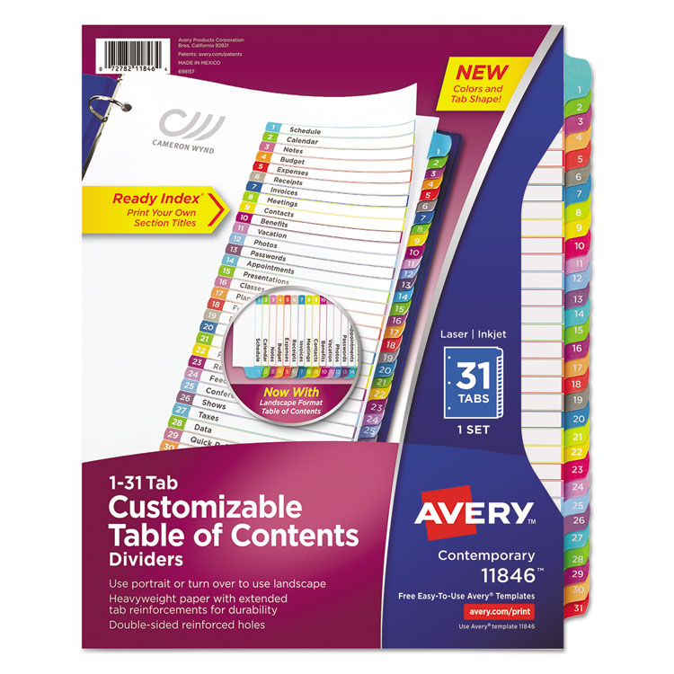Avery Customizable TOC Ready Index Multicolor Tab Dividers, 31-Tab, 1 to 31, 11 x 8.5, White, Contemporary Color Tabs, 1 Set (AVE11846)