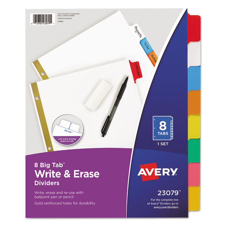 Avery Write and Erase Big Tab Paper Dividers, 8-Tab, 11 x 8.5, White, Assorted Tabs,1 Set (AVE23079)