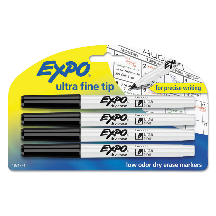 EXPO Low-Odor Dry-Erase Marker, Extra-Fine Bullet Tip, Black, 4/Pack (SAN1871774K)