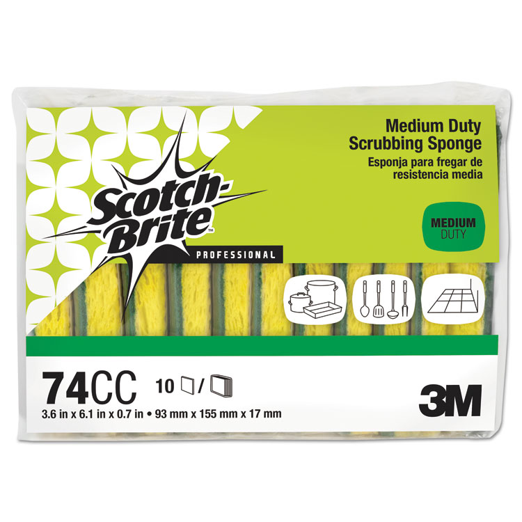 Scotch-Brite PROFESSIONAL Medium-Duty Scrubbing Sponge, 3.6 x 6.1, 0.7" Thick, Yellow/Green, 10/Pack (MMM74CC)