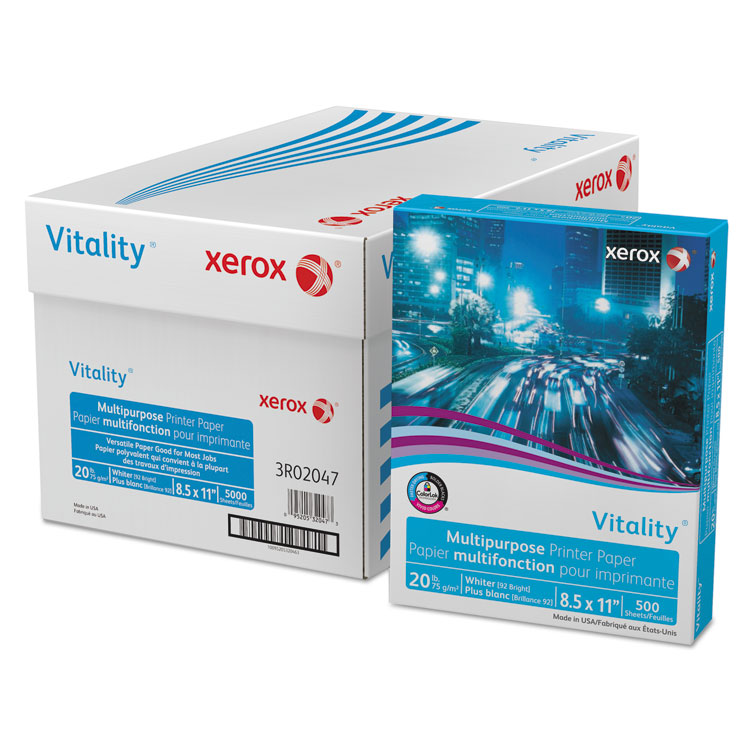 xerox Vitality Multipurpose Print Paper, 92 Bright, 20 lb Bond Weight, 8.5 x 11, White, 500 Sheets/Ream, 10 Reams/Carton (XER3R02047)