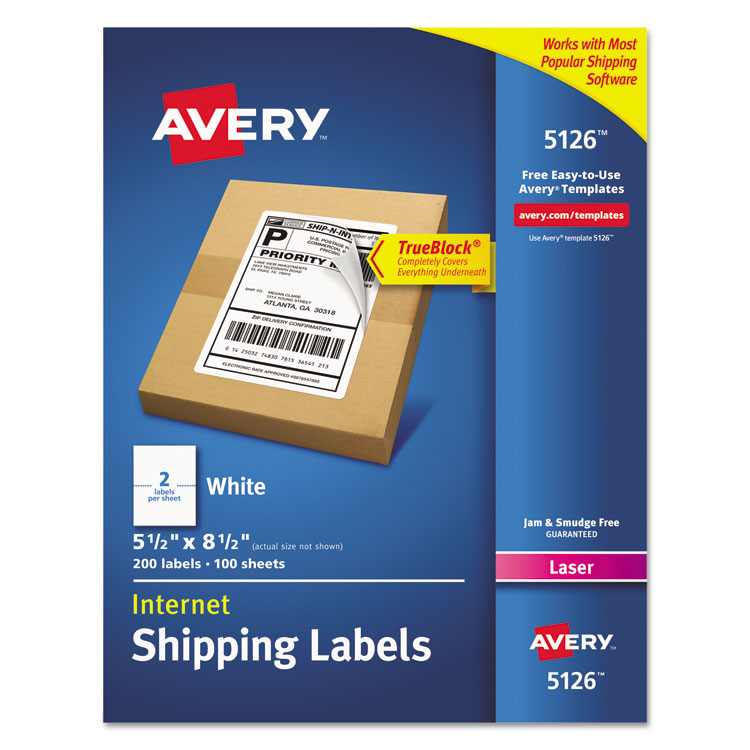 Avery Shipping Labels w/ TrueBlock Technology, Laser Printers, 5.5 x 8.5, White, 2/Sheet, 100 Sheets/Box (AVE5126)