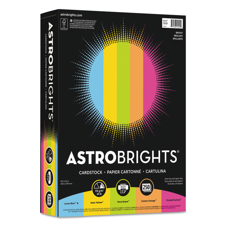 Astrobrights Color Cardstock -"Bright" Assortment, 65 lb Cover Weight, 8.5 x 11, Assorted, 250/Pack (WAU99904)