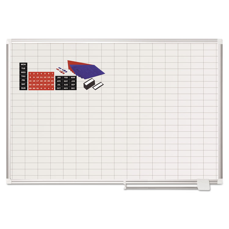 MasterVision Gridded Magnetic Steel Dry Erase Project Planning Board, 1" x 2" Cells, 48" x 36", White Surface, Satin Aluminum Frame (BVCMA0592830A)