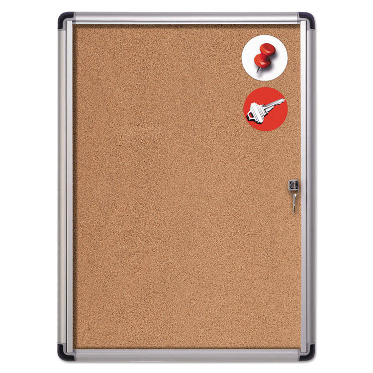 MasterVision Slim-Line Enclosed Cork Bulletin Board with One Door, 28" x 38", Tan Surface, Satin Aluminum Frame (BVCVT630101690)