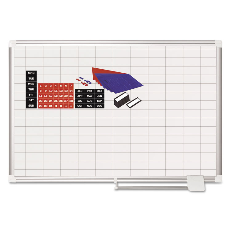 MasterVision Gridded Magnetic Steel Dry Erase Project Planning Board, 1" x 2" Cells, 36" x 24", White Surface, Satin Aluminum Frame (BVCMA0392830A)