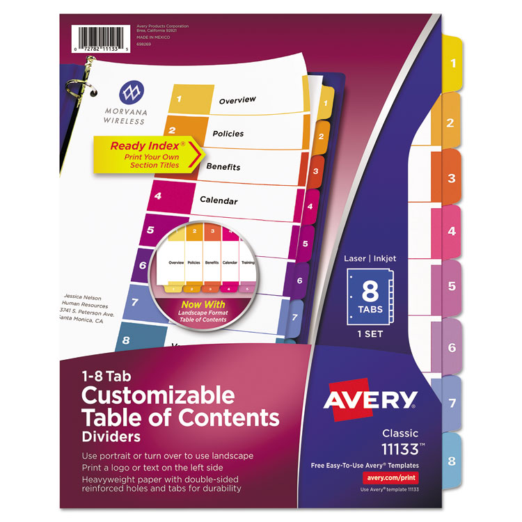 Avery Customizable TOC Ready Index Multicolor Tab Dividers, 8-Tab, 1 to 8, 11 x 8.5, White, Traditional Color Tabs, 1 Set (AVE11133)