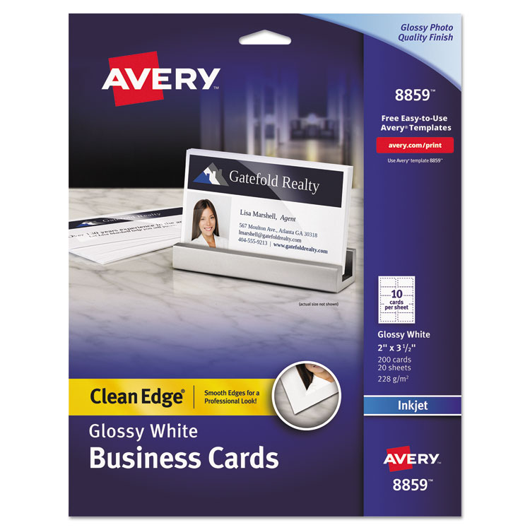 Avery True Print Premium Clean Edge Business Cards, Inkjet, 2 x 3.5, Glossy White, 10 Cards Sheet, 20 Sheets/Pack (AVE8859)