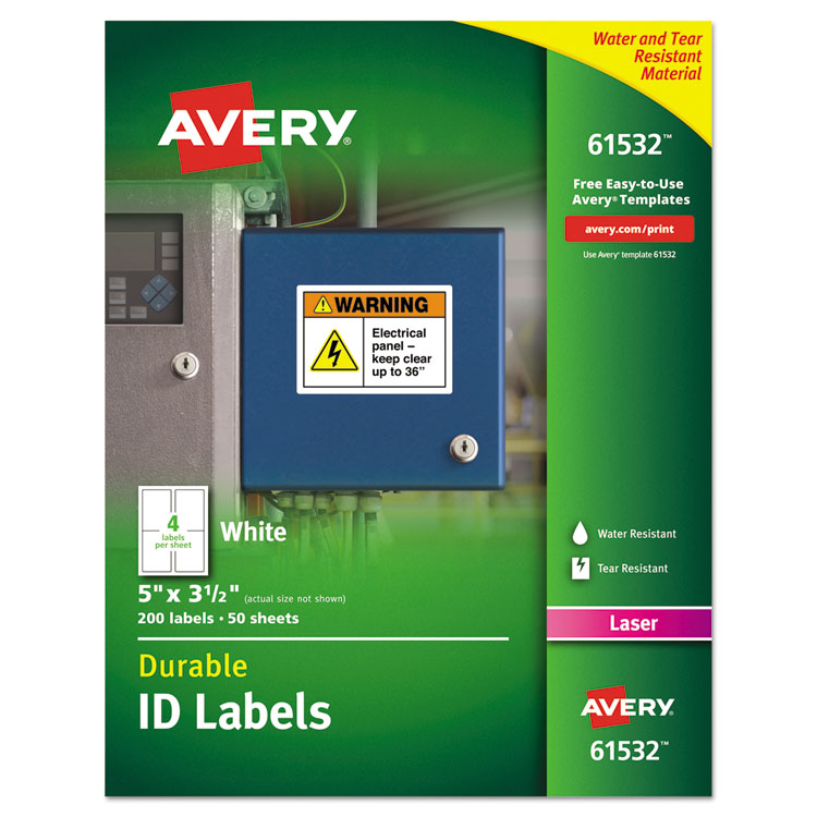 Avery Durable Permanent ID Labels with TrueBlock Technology, Laser Printers, 3.5 x 5, White, 4/Sheet, 50 Sheets/Pack (AVE61532)
