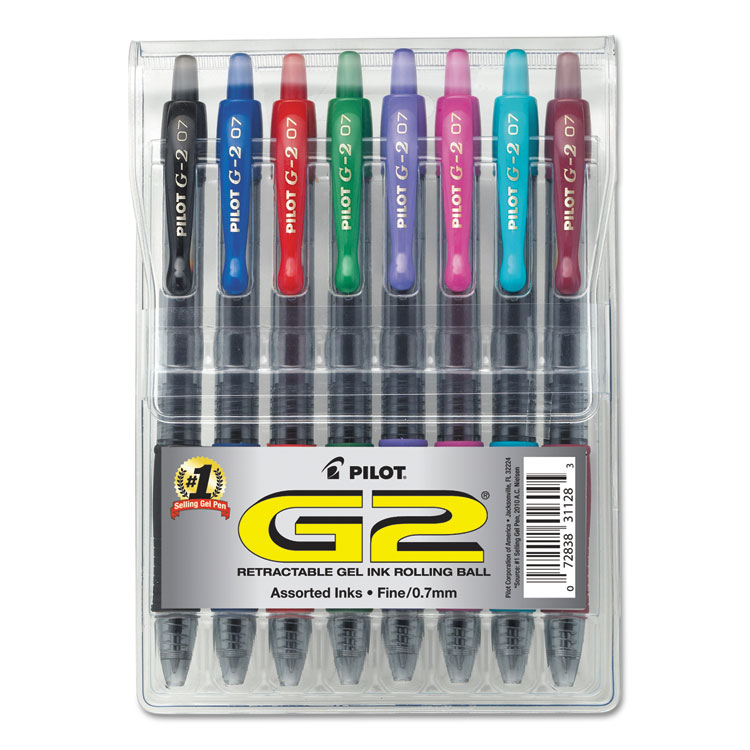 Pilot G2 Premium Gel Pen, Retractable, Fine 0.7 mm, Assorted Ink and Barrel Colors, 8/Pack (PIL31128)